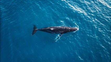A high-angle aerial view of a large whale swimming just below the surface of a vast blue ocean, with a splash near its head, symbolizing marine life, nature, ocean, wildlife, environment, freedom,