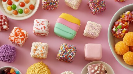 Colorful, sugary treats arranged artistically on a pastel pink surface.