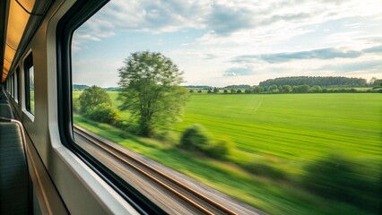 A view from a train window shows a blurred landscape of green fields and trees rushing by, symbolizing travel, journey, motion, perspective, nature, speed, transportation, and the experience of watchi