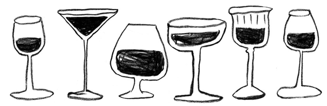 whimsical wine glasses icon. Hand drawn with wax crayons