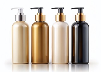 Panoramic View of Empty Cosmetic Bottles: White, Black, Beige & Gold Pump Dispensers