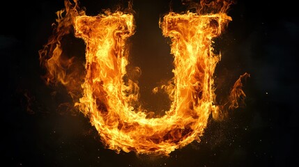 Fiery letter U, burning alphabet, dark background, abstract design, graphic