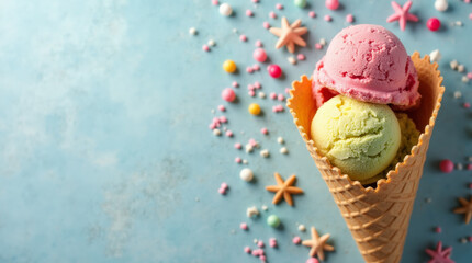 Colorful ice cream scoops in cone on blue grunge background, top view, flat lay, copy space