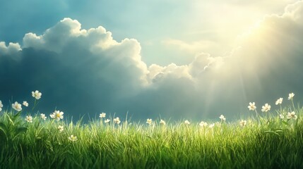 Obraz premium A serene landscape featuring bright green grass and white flowers under a cloudy sky, illuminated by sunlight piercing through the clouds.