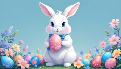 Fototapeta premium Cute Easter Bunny Holding Colorful Egg