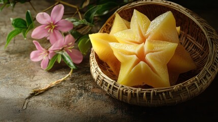Starfruit slices in basket, flowers, dark background; food photography