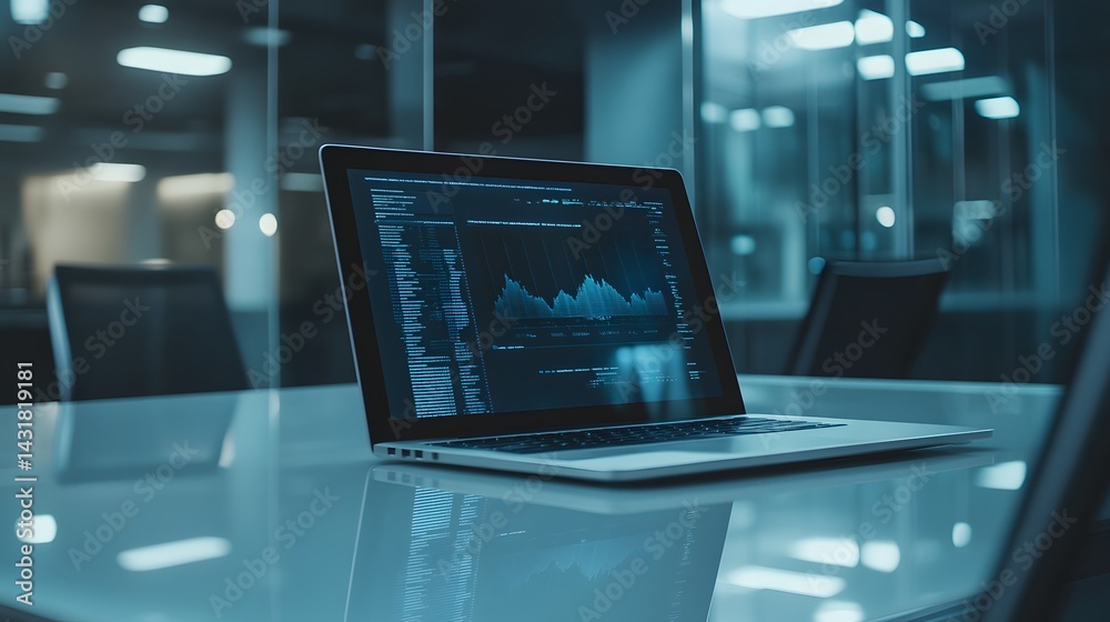Poster laptop displaying data analytics and code on a glass table in a modern office at night. the screen s