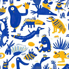 Fototapeta premium Vibrant Blue and Yellow Fantasy Creatures Seamless Pattern: Whimsical Illustration of Imaginary Animals in a Playful Design