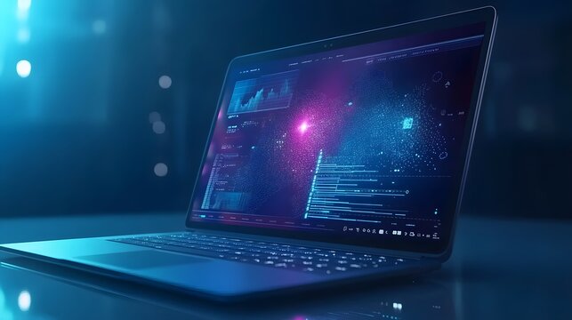 A sleek laptop displays a futuristic interface with dynamic data visualizations, charts, and code snippets.