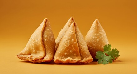 Crispy samosas with coriander garnish on a vibrant background.