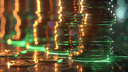 Growing money, finance and investment. Coins stack the growth comparison year 2024 to 2025 with a green success graph in 2025. business growth, profit,