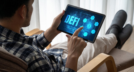 Decentralized finance or DeFi concept on modish computer screen . The defi system give new choice of investment and money saving .