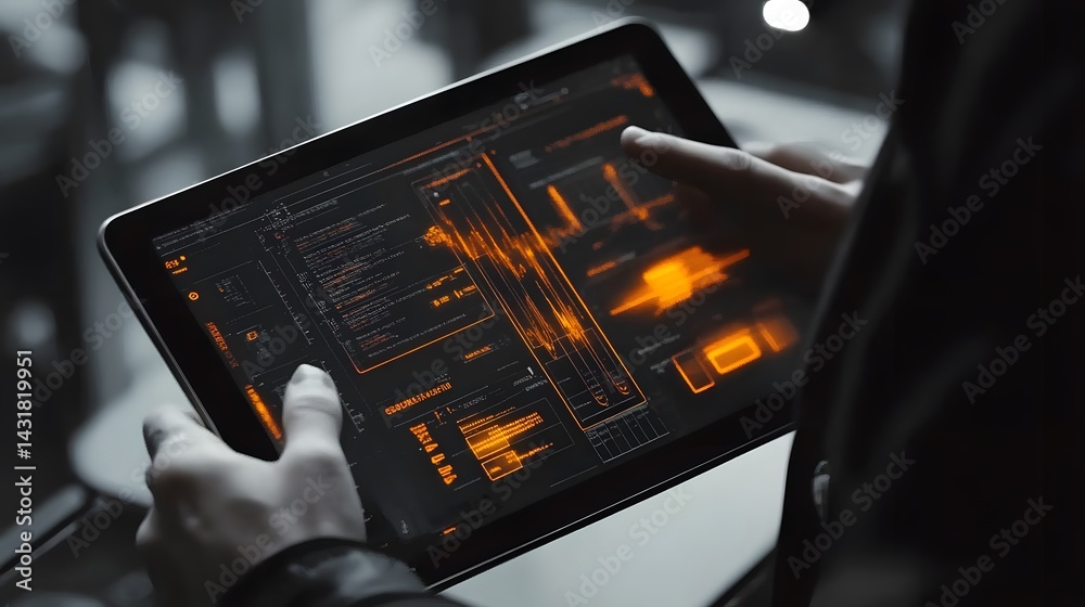 Poster close-up of hands using a tablet displaying futuristic, orange-hued data streams, code, and graphs. 
