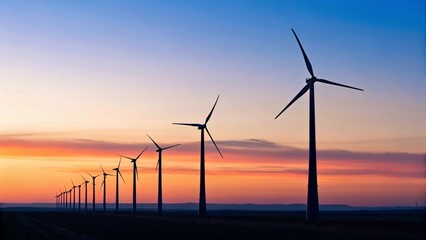 Fototapeta premium A line of wind turbines stands silhouetted against a vibrant sunset or sunrise sky, symbolizing renewable energy, sustainability, clean power, technology, environment, future, and the beautiful presen