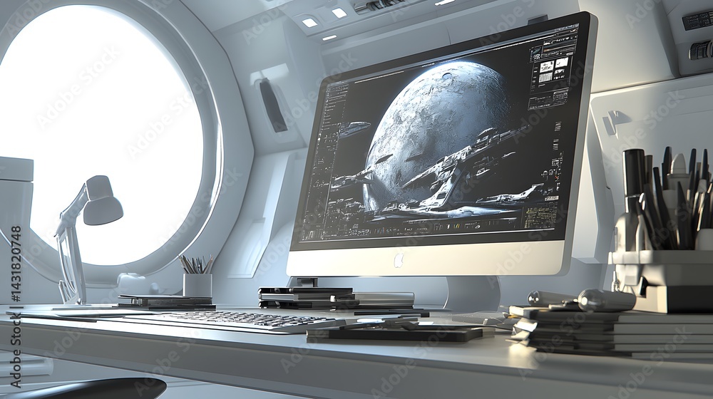 Poster futuristic workspace with a computer displaying a 3d model of a spaceship orbiting a planet. clean, 