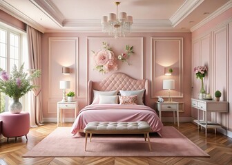 Pastel Pink Bedroom Interior Design: Soft Pink Furniture & Floral Accents