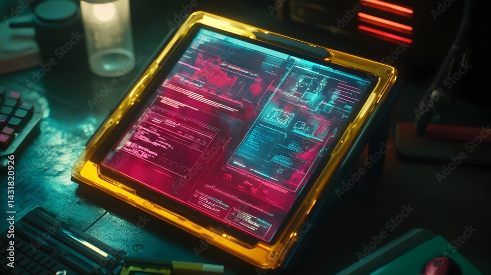 Poster cyberpunk-style tablet displaying futuristic data streams and interfaces. glowing neon colors illumi
