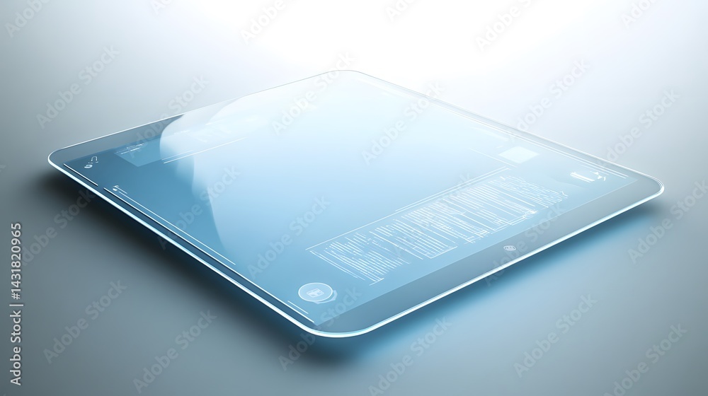 Poster futuristic transparent tablet computer with a sleek design. displays subtle data graphics. modern te