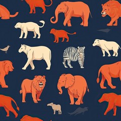 African Safari Animals Seamless Pattern:  Vibrant Wildlife Illustration of Lions, Elephants, Zebras, and Polar Bears on Dark Background