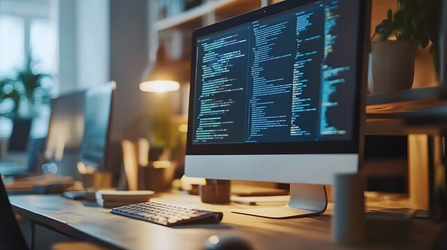 Close-up of a computer screen displaying lines of code, keyboard, and mouse on a desk in a dimly lit office.  Suggests software development or programming.