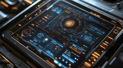 Close-up of a futuristic digital interface with glowing orange and blue elements.  The screen displays various data streams and graphs, suggesting advanced technology.