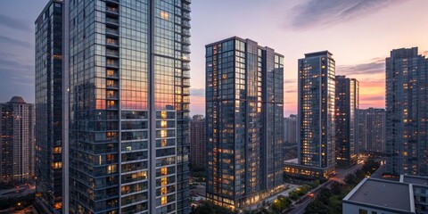 Naklejka premium Sunset Cityscape High-Rise Buildings, Glass Facades, Urban Skyline, Aerial View, Twilight, Architecture Photography, Modern City skyscrapers