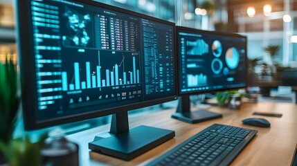 Naklejka premium Two computer monitors display financial data, graphs, and charts in a modern office setting. The screens show real-time market analysis and business intelligence.