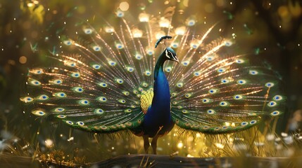Magnificent Indian peacock standing in full display iridescent tail feathers shimmering under the sunlight ultra detailed wildlife shot