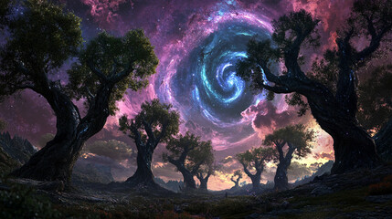 Obraz premium Cosmic Grove Ancient Trees Under a Swirling Nebula