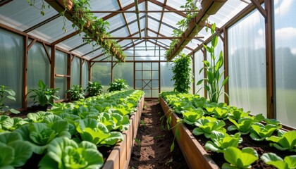Wide angle view of sustainable gardening practices with lettuce growing in raised beds inside a glass greenhouse structure, high resolution