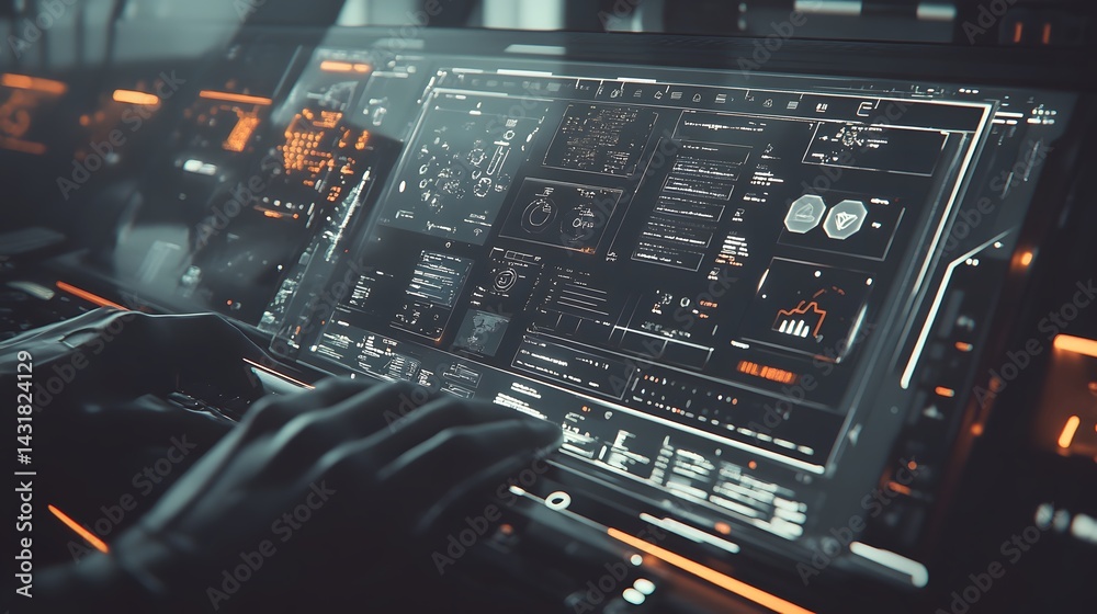 Poster close-up of hands interacting with a futuristic, high-tech interface filled with data streams, graph