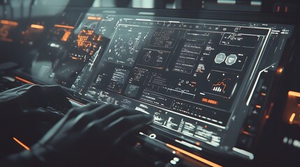 Close-up of hands interacting with a futuristic, high-tech interface filled with data streams, graphs, and digital readouts. The sleek design suggests advanced technology and digital innovation.