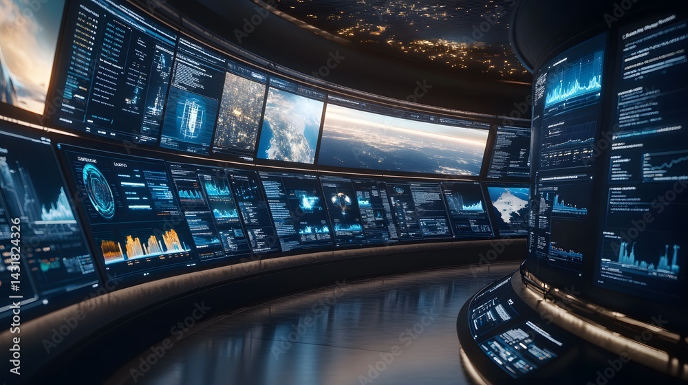 Poster futuristic control room with curved walls displaying numerous screens filled with data visualization