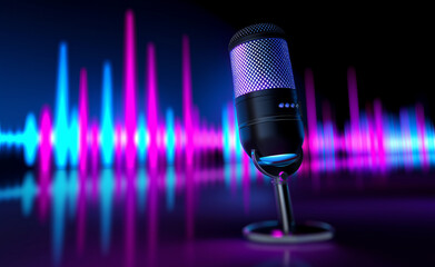 Retro-style microphone on a stand in a neon-lit studio with vibrant pink and blue sound wave graphics in the background.
