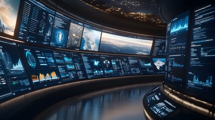 Futuristic control room with curved walls displaying numerous screens filled with data visualizations, graphs, and maps.