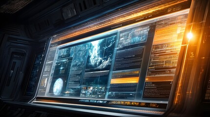 Futuristic control panel with multiple screens displaying data streams, maps, and code.  Glowing orange accents highlight the advanced technology.
