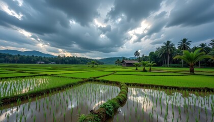 Peaceful rural scene of lush rice paddies under a turbulent rainy sky capturing the contrast between earth's vitality and atmospheric intensity, high resolution