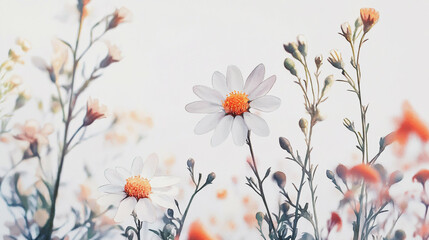 Elegant wedding invitation card background . Minimal hand painted watercolor Chamomile flowers texture template background. Design for wedding, vip cover, poster, rsvp moderncard.Valentine's Day