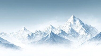 Snowy mountain range, serene landscape, misty valley, peaceful background; website banner