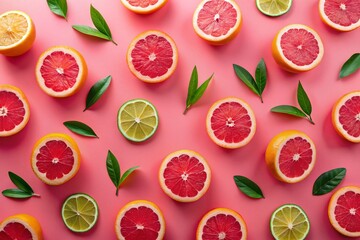 Pink Summer Background with Grapefruit Pattern - Top View Flat Lay