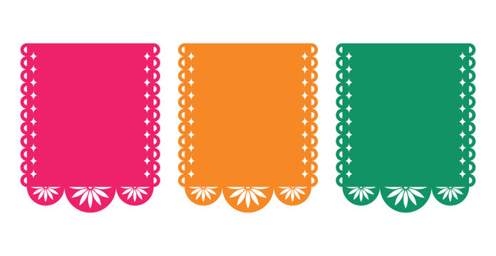 Set of vector Papel Picado templates with space for text. Mexican paper decorations with flowers and geometric shapes. Isolated vector illustration.