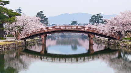 Sakura-adorned bridge over tranquil waters reflects spring's beauty.