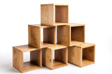 Obraz premium Wooden cube shelf unit showcases modular furniture concept with Scandinavian design aesthetics on a white backdrop