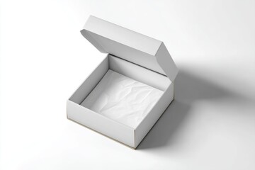 Elegant open box ready for product display with white paper filler on a clean background