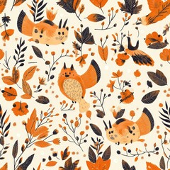 Autumnal Fantasy: Whimsical Foxes and Floral Abundance in an Orange and Cream Tapestry