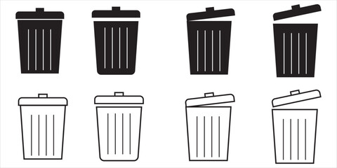 Trash bin icons set. Black vectors trash dustbin signs elements. Recyclable Waste flat vectors Designs isolated on transparent background. EPS 10 