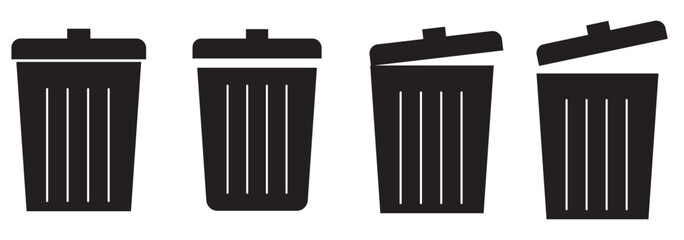 Trash bin icons set. Black vectors trash dustbin signs elements. Recyclable Waste flat vectors Designs isolated on transparent background. EPS 10 