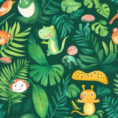 Vibrant Tropical Jungle Pattern with Cute Cartoon Animals and Lush Greenery Seamless Illustration