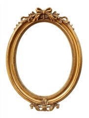 Ornate oval vintage picture frame with gold finish and decorative bow crest isolated on white background