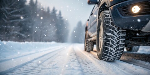 Winter SUV Snow Drive Tire Tread Closeup, Snowy Road, Winter Driving Safety Winter tires, snow driving